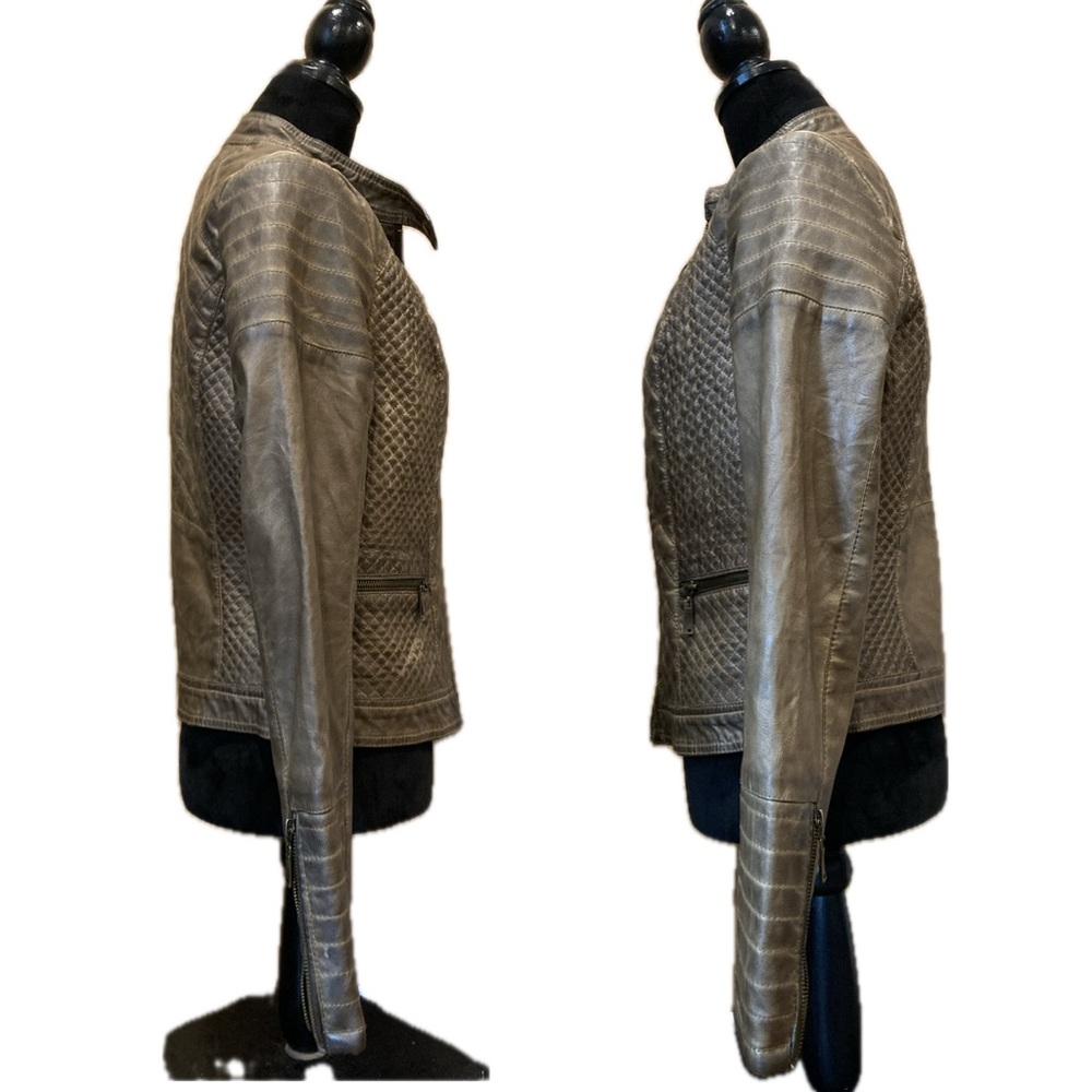 Jou Jou Women's Brown Quilted Faux Leather Moto Jacket Grunge Distressed Large - Picture 2 of 16